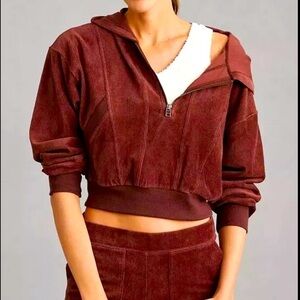 Daily Practice by Anthropologie Corduroy Hoodie 1/2 Zip Sz M Cropped brown
